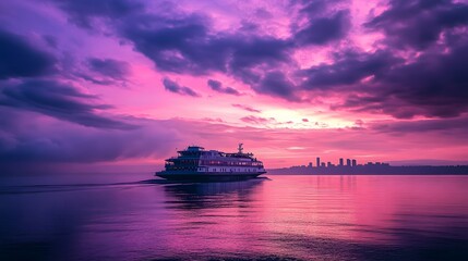 Obraz premium Cruise Boat in Ocean, Purple Sunset Sky with Clouds, and City Skyline Silhouette on Horizon