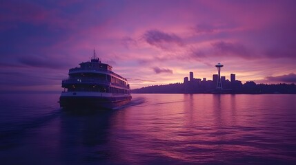 Fototapeta premium Ferry at Seattle Skyline at Dusk, Beautiful Sunset Water Reflection View, Pink Sky