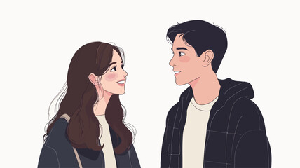 A digital illustration depicting a young couple, a man and a woman, rendered in a soft, pastel color palette.  The style is reminiscent of anime or cartoon art