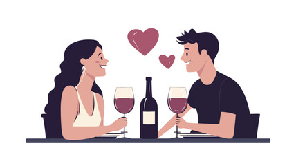 A digital illustration depicting a young couple on a romantic dinner date.  The style is flat vector, characterized by clean lines and solid color blocks.
