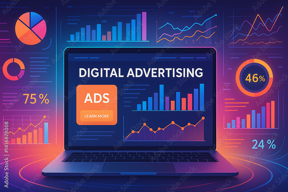 Aufkleber laptop displaying digital advertising dashboard with analytics charts performance metrics and colorf
