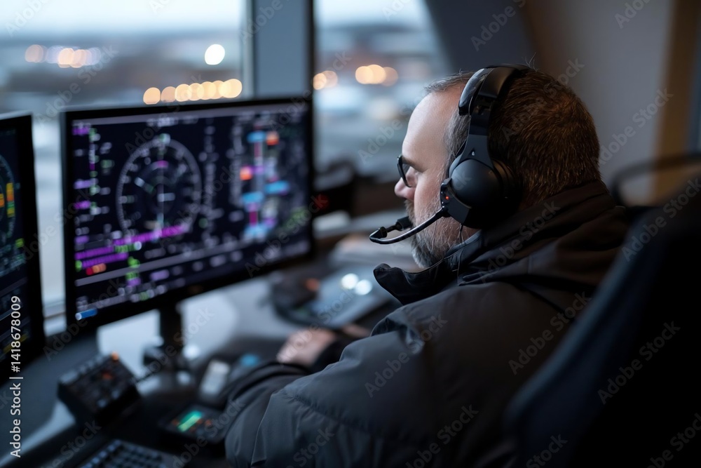 Aufkleber male air traffic controller monitoring multiple computer screens wearing a headset in a dimly lit co