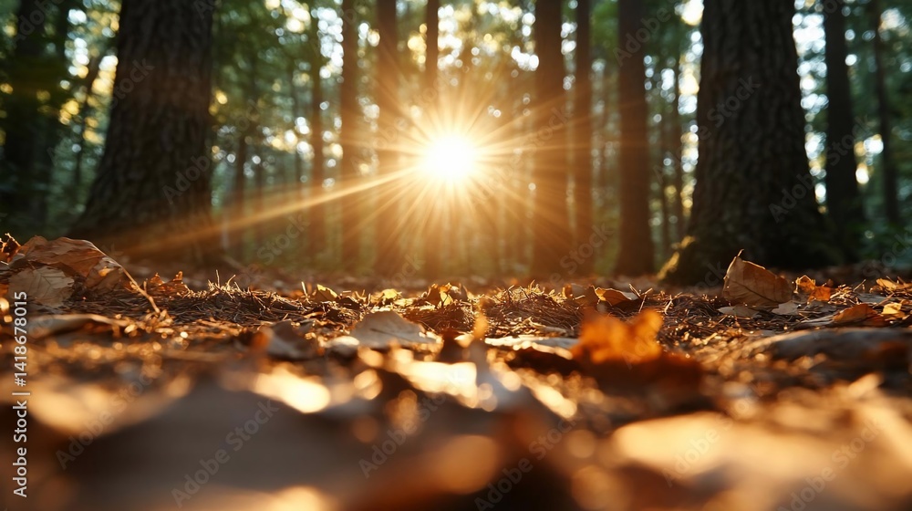 Poster sunburst through forest trees illuminates forest floor with scattered autumn leaves creating a warm,