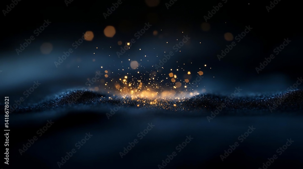 Poster Abstract digital art of glowing golden particles with a dark blue background evoking a sense of ethereal mystery with sparkling highlights. The artistic elements are used to create depth and