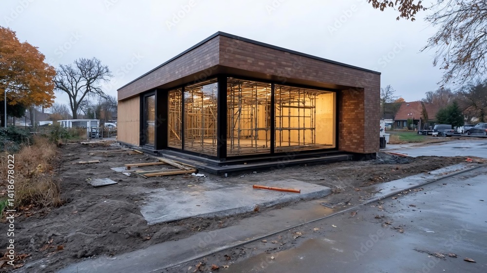 Poster exterior view of a modern brick building with large glass windows reflecting interior lights set aga