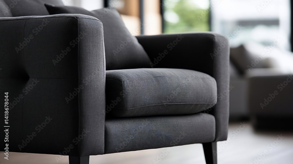 Poster close-up of a modern dark gray armchair with textured fabric detail in a bright interior with soft n