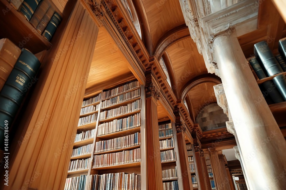 Poster interior perspective of a library with wooden bookshelves filled with books illuminated by warm ligh