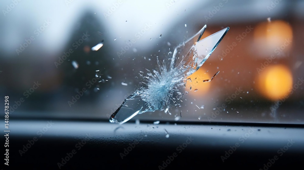 Aufkleber close up of shattered glass against a blurred backdrop with building lights and soft blue hues. the 