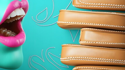 Open Pink Lips with White Teeth, Stack of Leather Items, Pink String on Teal Backdrop