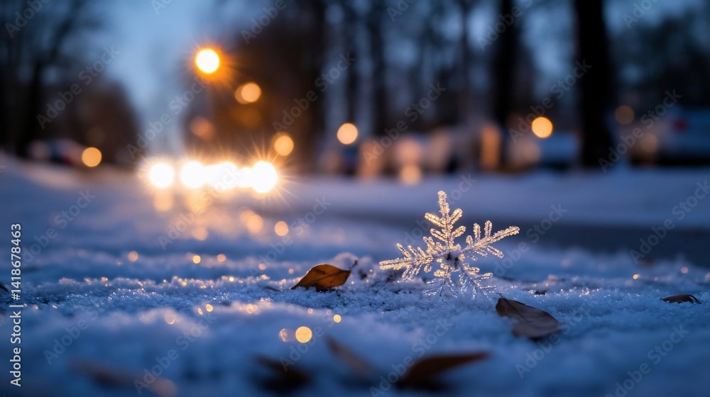 Fototapete close-up view of snowflake on snowy ground with bokeh background and car headlights in a cold winter