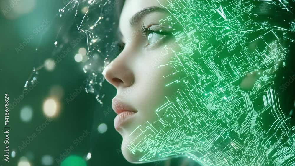 Poster digital identity: a woman's face is intricately overlaid with a matrix of digital circuits, evoking 