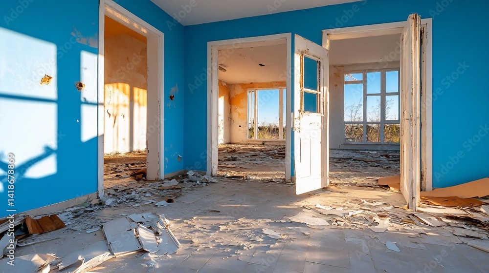 Poster interior view of an abandoned room with blue walls open doorways and sunlight. debris on the floor a