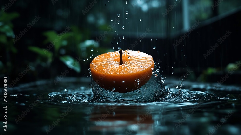 Poster close up shot of a fruit half splashing in the water under the rain with a green background. this im