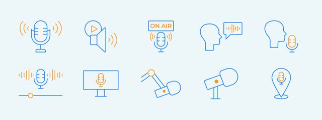 Podcast icon set. Podcast vector icon concept. Podcast symbols outline vector line icons.
