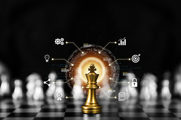 King chess standing on chess board with business strategy plan icons for leadership or wining...