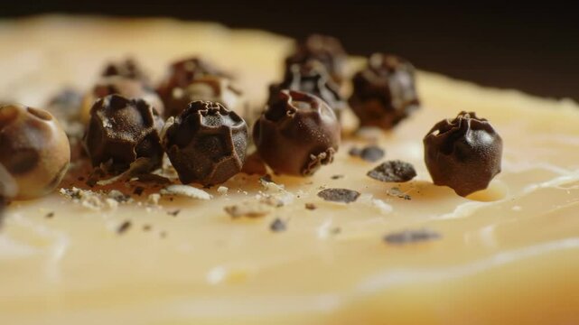 Close-Up of Freshly Ground Peppercorns on Gourmet Cheese with a Rustic Background, Highlighting Textures and Aromatic Qualities