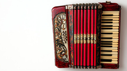 A red accordion with black keys sits on a white background