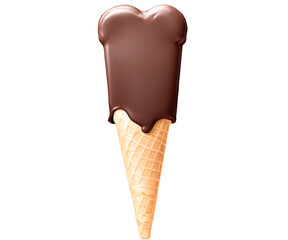 Adorable chocolate-dipped ice cream cone with a smooth, melting chocolate coating and a crisp waffle cone, perfect for illustrating sweet treats and summer desserts