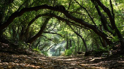 Obraz premium Lush forest path. Sunlight filters through the trees