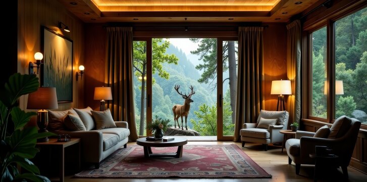 A glamorous double exposure of a luxurious deer blind and elegant interior with a hunting hideaway atmosphere, hideaway, elegant, luxury