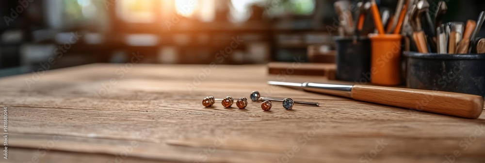 Aufkleber Close-up of a wooden workbench with tools in containers and screws. Soft focus with a warm light from the background and a blurred environment. Craftsmanship and design concept