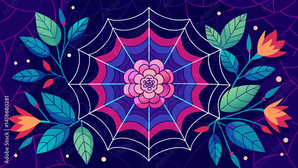 Poster a vibrant tapestry woven from silky threads of spiderwebs embellished with delicate blooms creating 