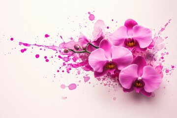 Vibrant Pink Orchids with Artistic Splash of Color on Light Background
