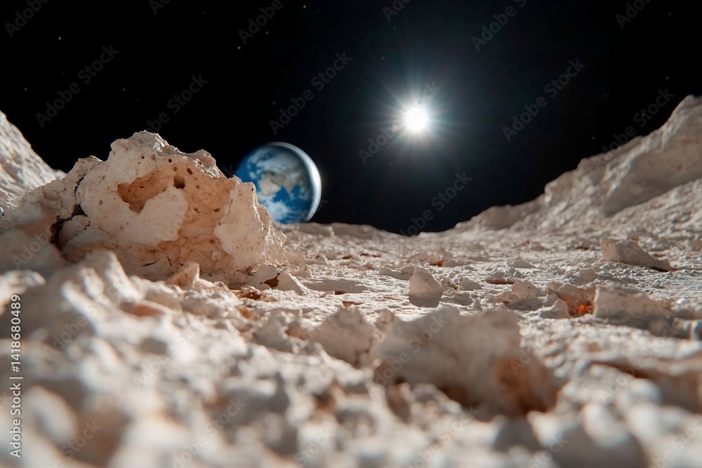Leinwandbilder lunar surface with a planet rising in the distance under a bright sun creating a dramatic celestial 