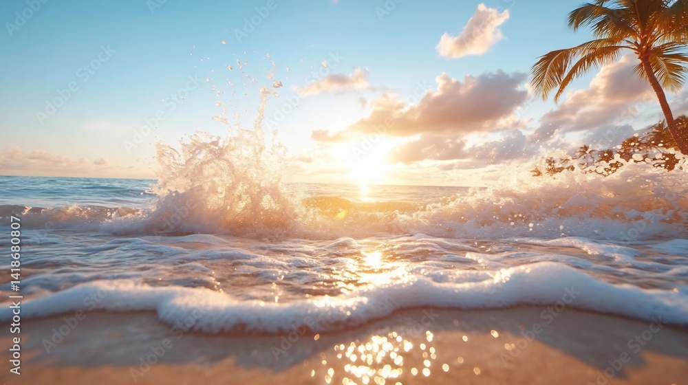 Aufkleber coastal scene featuring a wave crashing onto the sandy shore illuminated by the golden light of suns