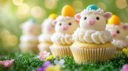 Festive Easter sheep cupcakes with coconut-covered frosting, sitting on a green field with a blurred floral background.