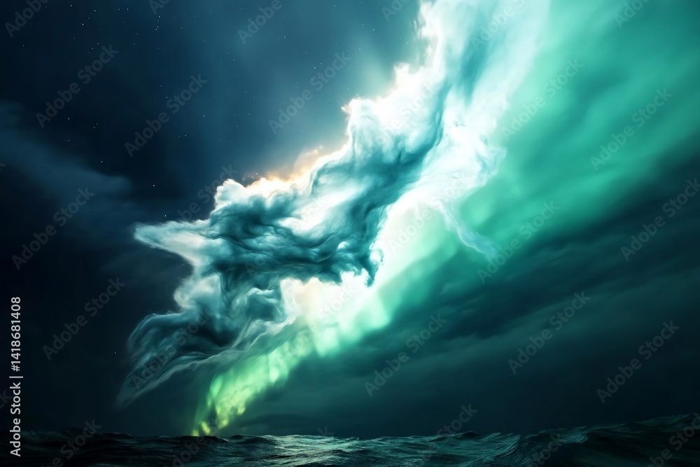 Poster dramatic seascape featuring celestial aurora borealis effects with ethereal light formations above d