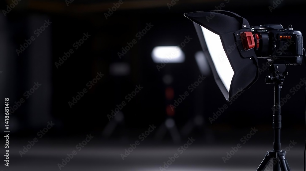 Poster professional photography equipment setup in a dark studio environment showcasing a camera with a sof