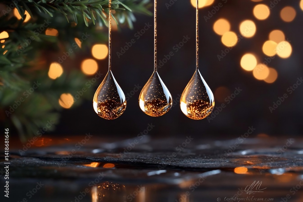 Poster Three glowing water droplets suspended from a green branch with blurred bokeh lights in the background creating a festive and elegant atmosphere. The droplets reflect light on a dark textured