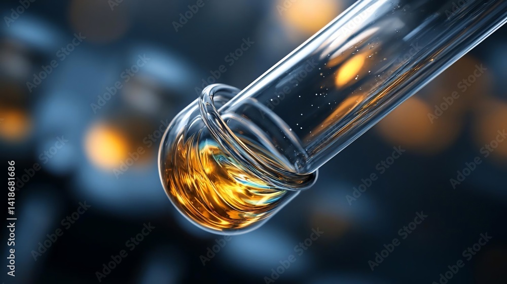 Poster close-up view of a test tube filled with a vibrant, golden liquid. the background shows bokeh of ora