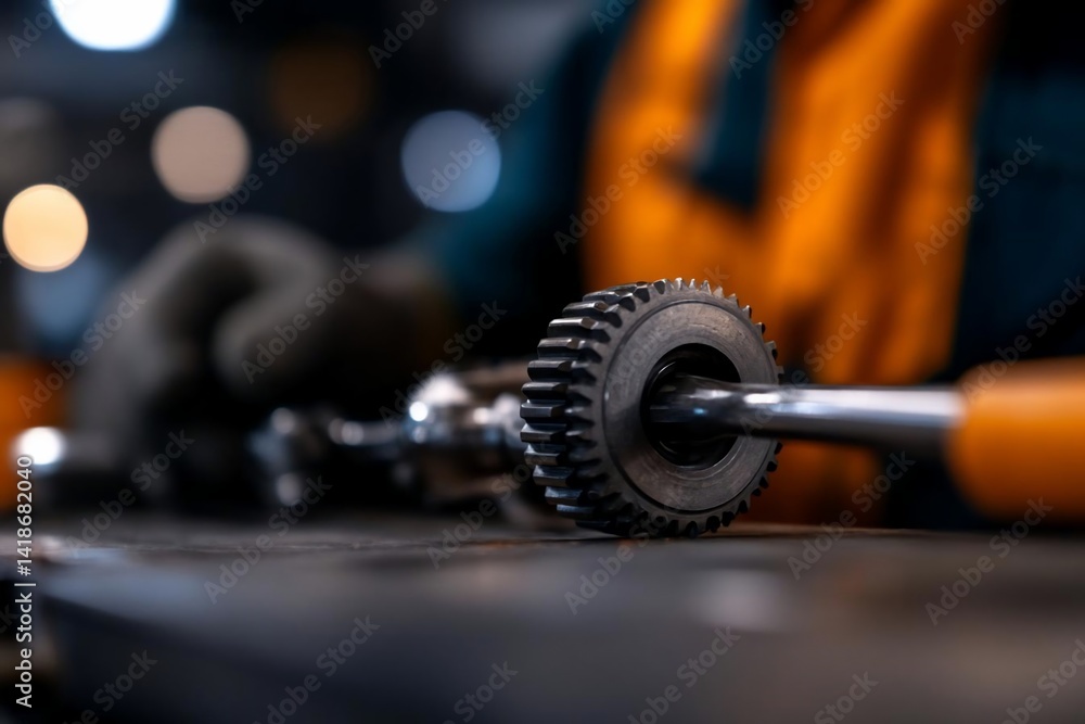 Aufkleber Close up of metallic cog and handle with blurred background showing a worker wearing gloves and orange safety vest. The focus is on the gear's detailed texture