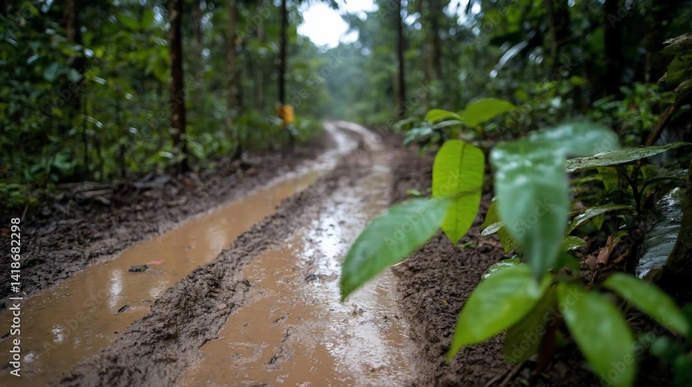 Aufkleber generic forest road winding through dense green foliage with raindrops on leaves creating a wet atmo