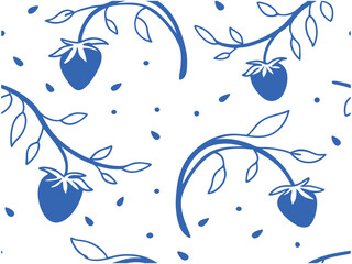 Strawberry Branch Seamless Pattern with Leaves and Dots Design. strawberry, branch, seamless, pattern, leaves, fruit, dots, nature, illustration, background