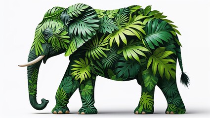 a Elephant figure using tropical leaves patterns isolated on a white background