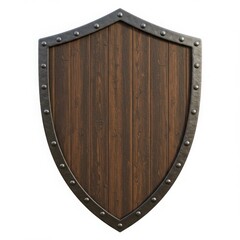 A wooden shield with metal trim and rivets isolated on white background