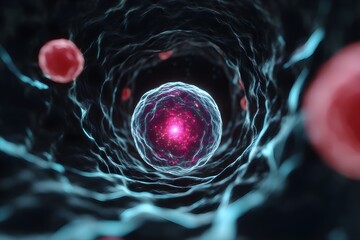 A close up of a red and blue sphere with a red dot in the center