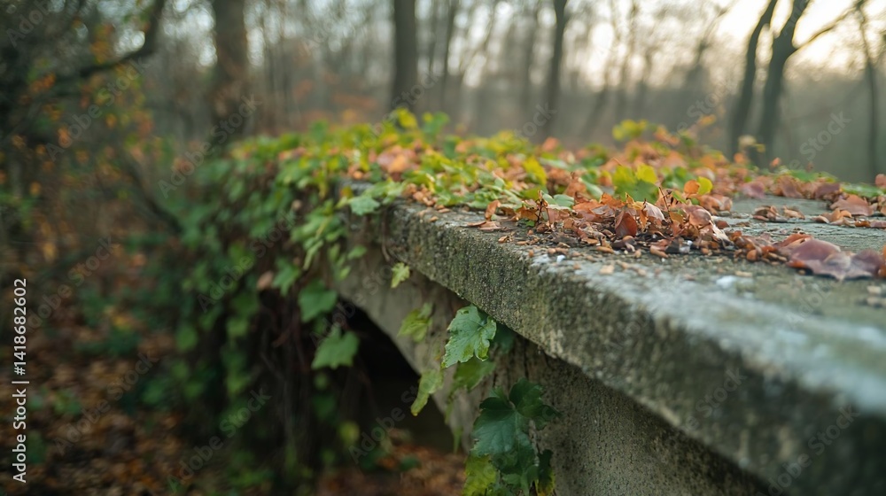 Poster concrete bridge detail with arch and weathered texture covered in climbing green ivy leaves and fall