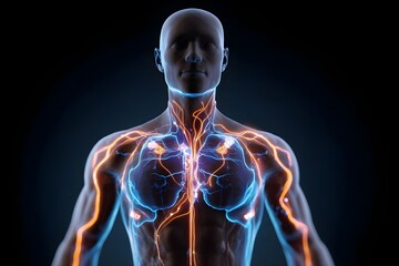 A man's body is lit up with blue and orange lights