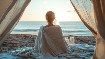 Serene Sunset Woman Relaxing on Beach in a Tent