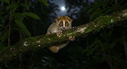 Slow Loris Gripping a Mossy Branch Under Moonlight in Dark Forest