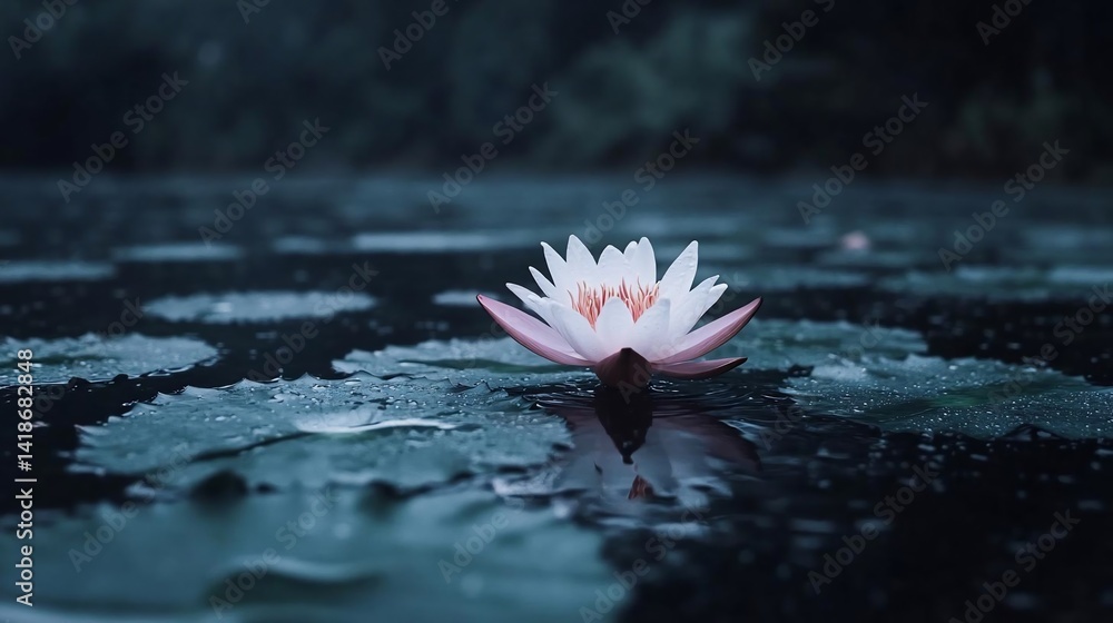 Leinwandbilder a serene aquatic scene featuring a delicate white and pink water lily floating on a dark water surfa