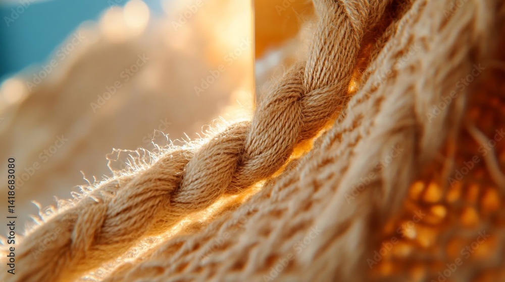Poster Close-up shot of intertwined beige ropes with intricate texture. Warm sunlight casts a glow on the textured surface creating highlights and shadows