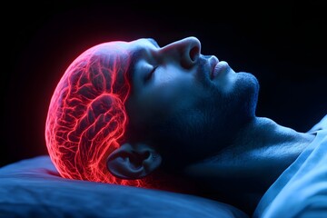A man's head is shown with red and blue colors, and it is sleeping