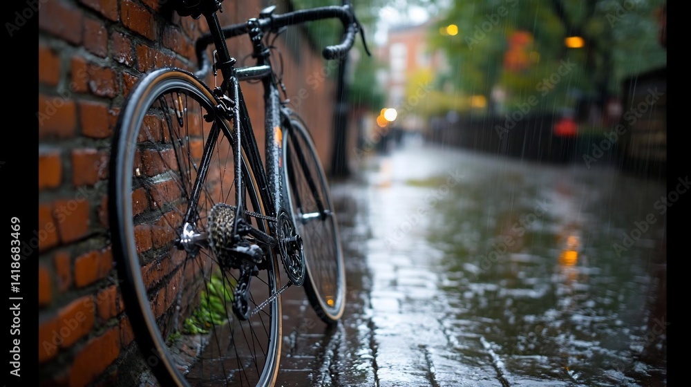 Aufkleber a bicycle leans against a brick wall on a rainy street creating a serene mood. the wet pavement refl
