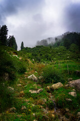 Obraz premium Beautiful mountain landscape of Thamsar pass trek in Rajgundha village in Barot valley. It is situated in valley formed by the Uhl River, part of the Dhauladhar range of the Himalayas.
