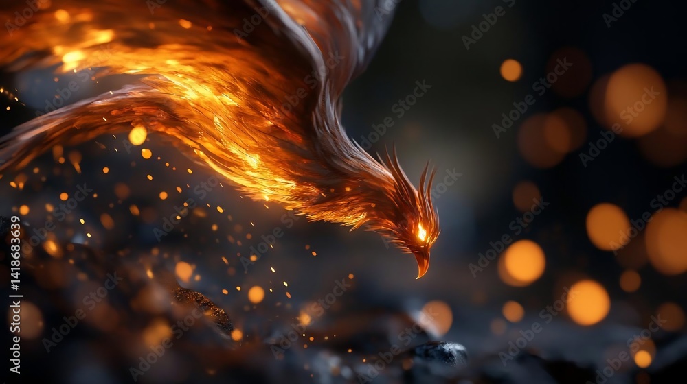 Poster Fiery phoenix soaring through a dark forest illuminated by glowing embers and a blurred background. The image captures the creature's burning form against a bokeh effect of warm lights